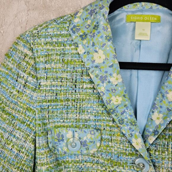 Sigrid Olsen Tweed Blazer 10 Retro Floral Groovy Colorful 60s Mod Preppy Blue - Picture 3 of 8